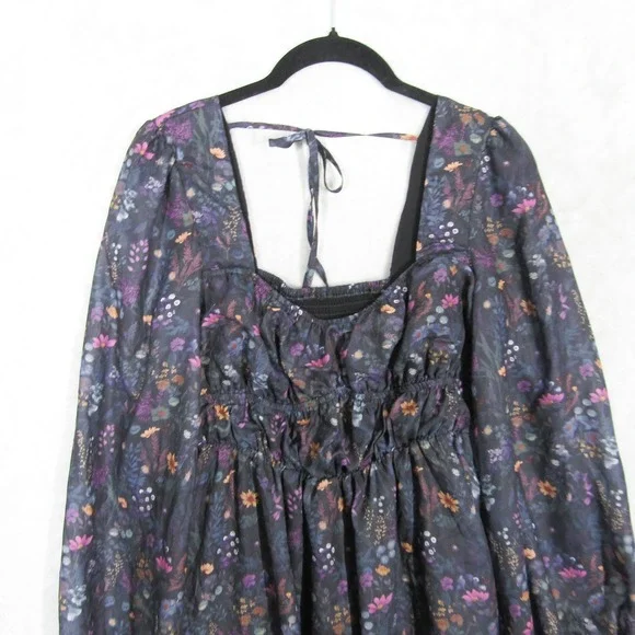 Disturbia Dark Floral Mini Dress Long Balloon Sleeve Smocked Tie Back US 4 y2K - Picture 2 of 11